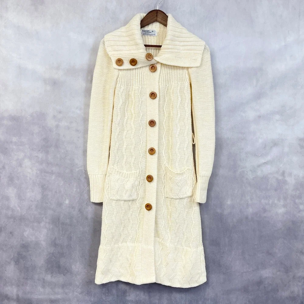 Vtg 70s Gemini Collection Long Cardigan Sweater Women Medium Cable Knit Cottage